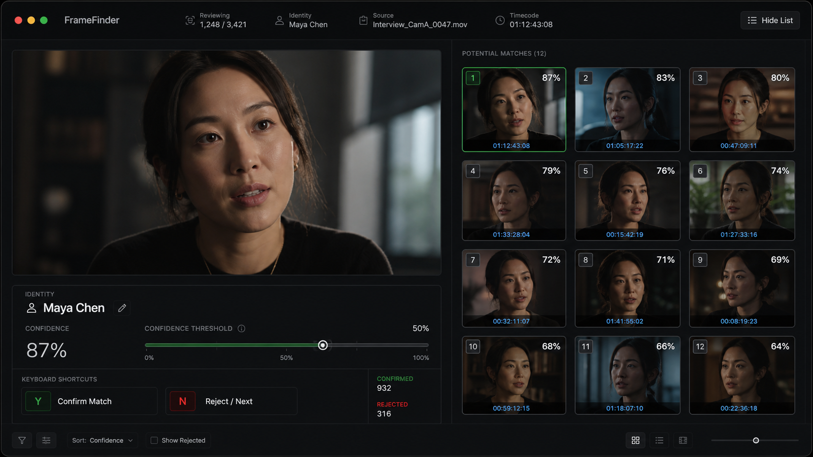 FrameFinder face recognition review interface